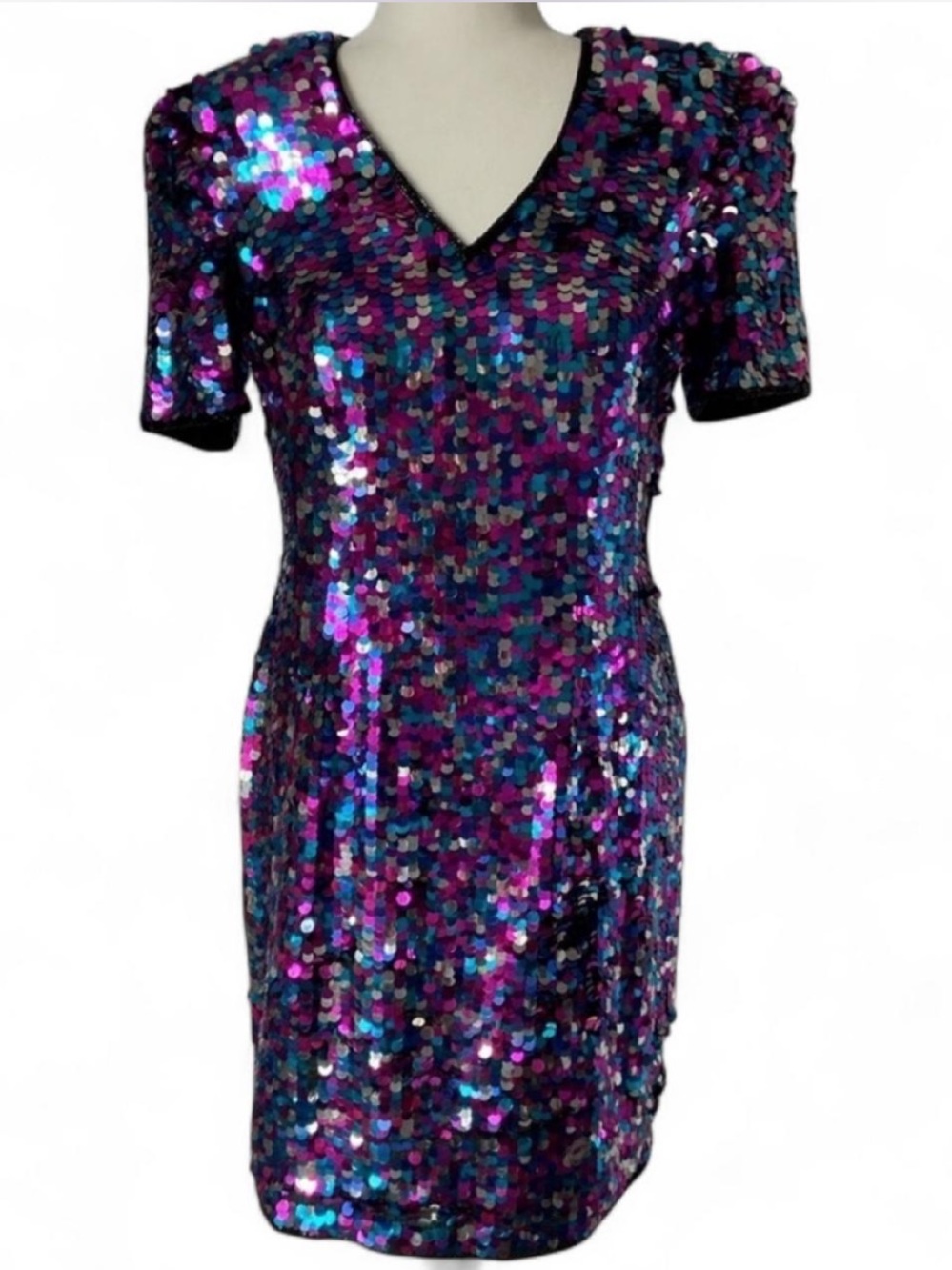 NWT Vintage Multi Color Sequin Paillette Dress V Neck Short Sleeve Leslie Fay